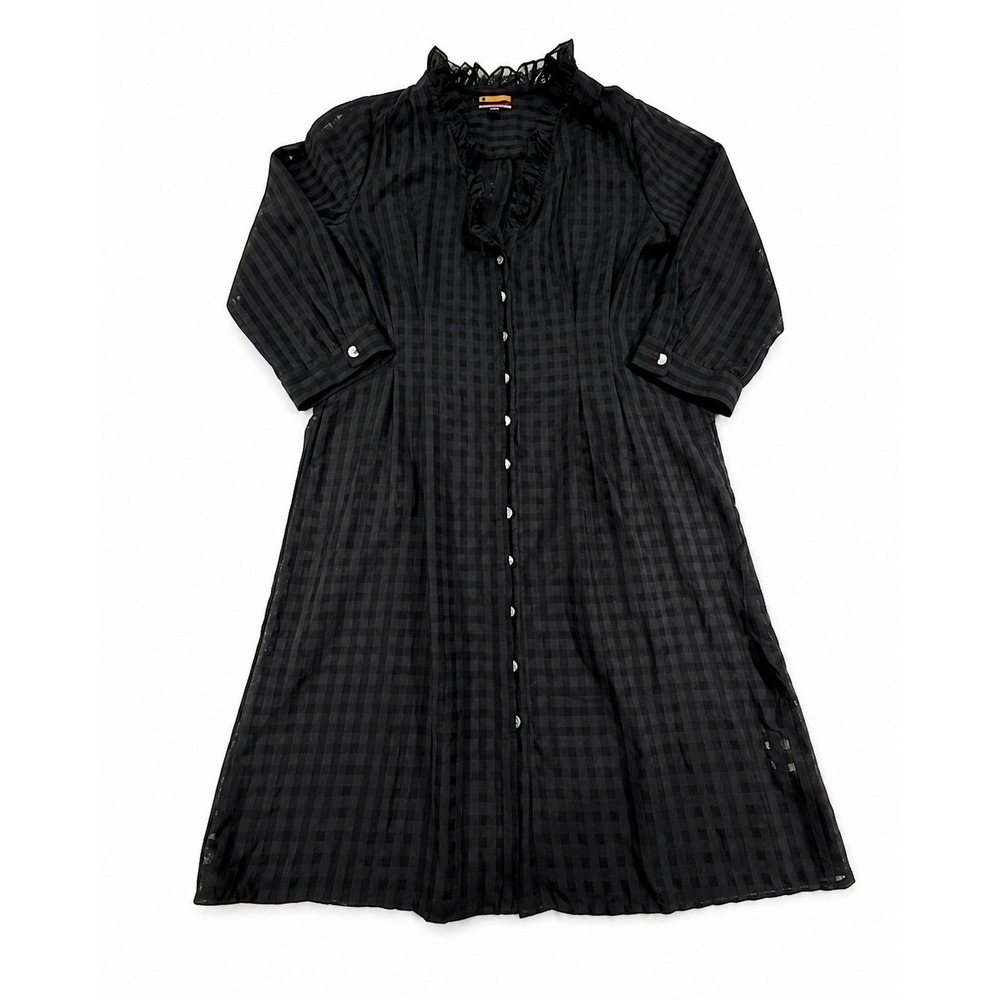 Brooklyn Industries Sheer Plaid Ruffle Shirtdress Sz 6 Black Gingham Button Down
